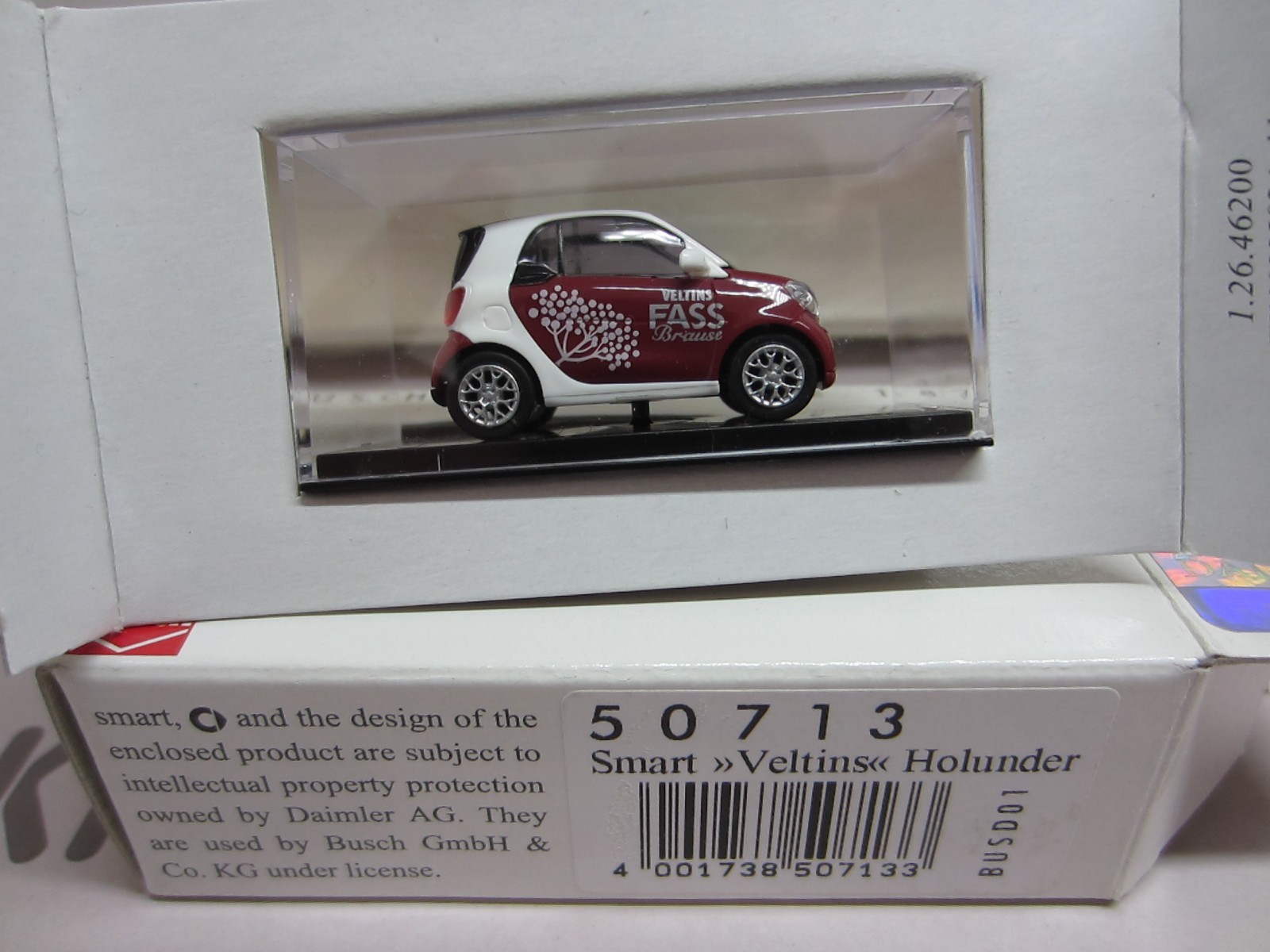 BUSCH 50713 SMART FORTWO COUPE 2015 VELTINS – model is PLASTIC – HO / 1:87 scale