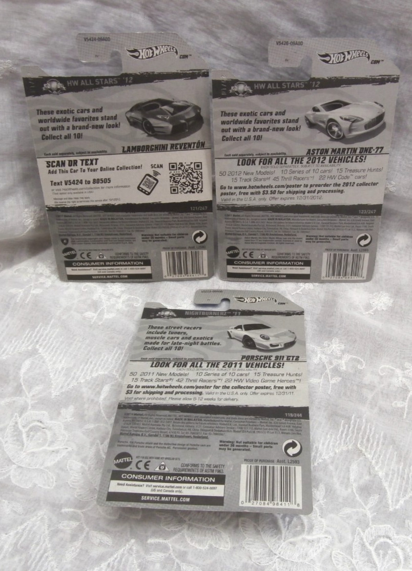 Lot/3 HOT WHEELS HW ALL STARS ’12 Lamborghini Aston Martin NIGHTBURNERZ ’11 NOS