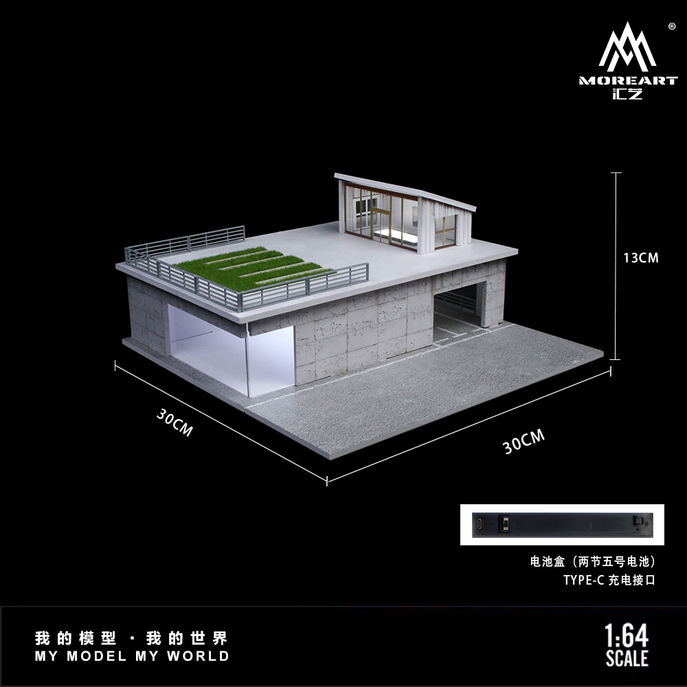 Diorama 1/64 Car Garage Model LED Sunroom Building Parking Lot Scene Model Gift