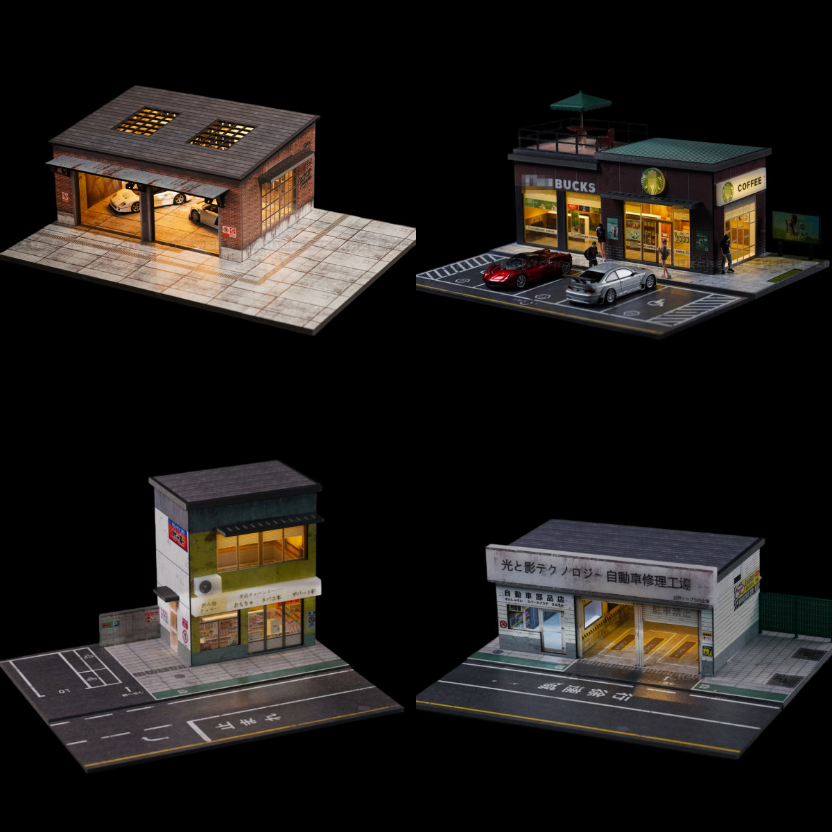Diorama 1/64 Decast Car Garage Model LED Repair Workshop Street Building Display