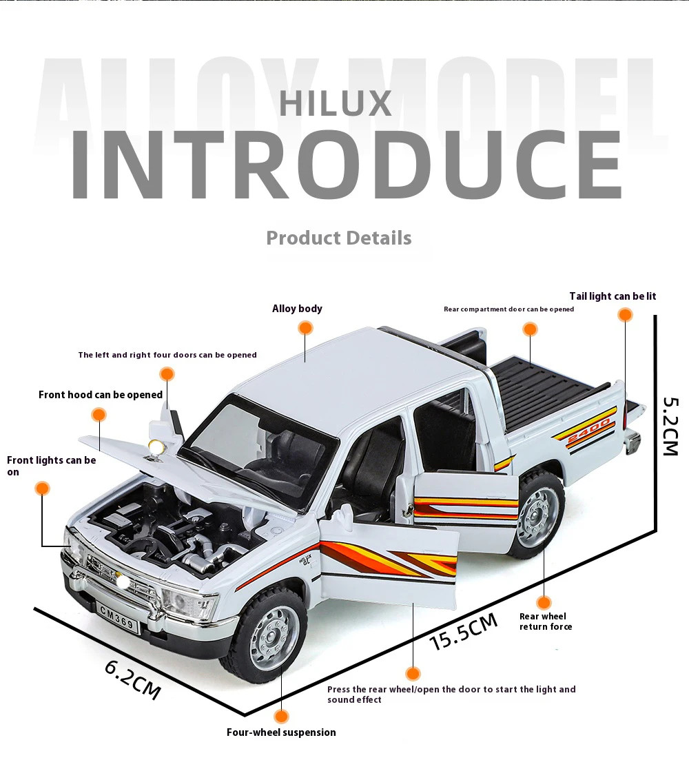 1:32 Toyota Hilux Alloy Model Off road Pickup with Sound and Light Diecast Toy