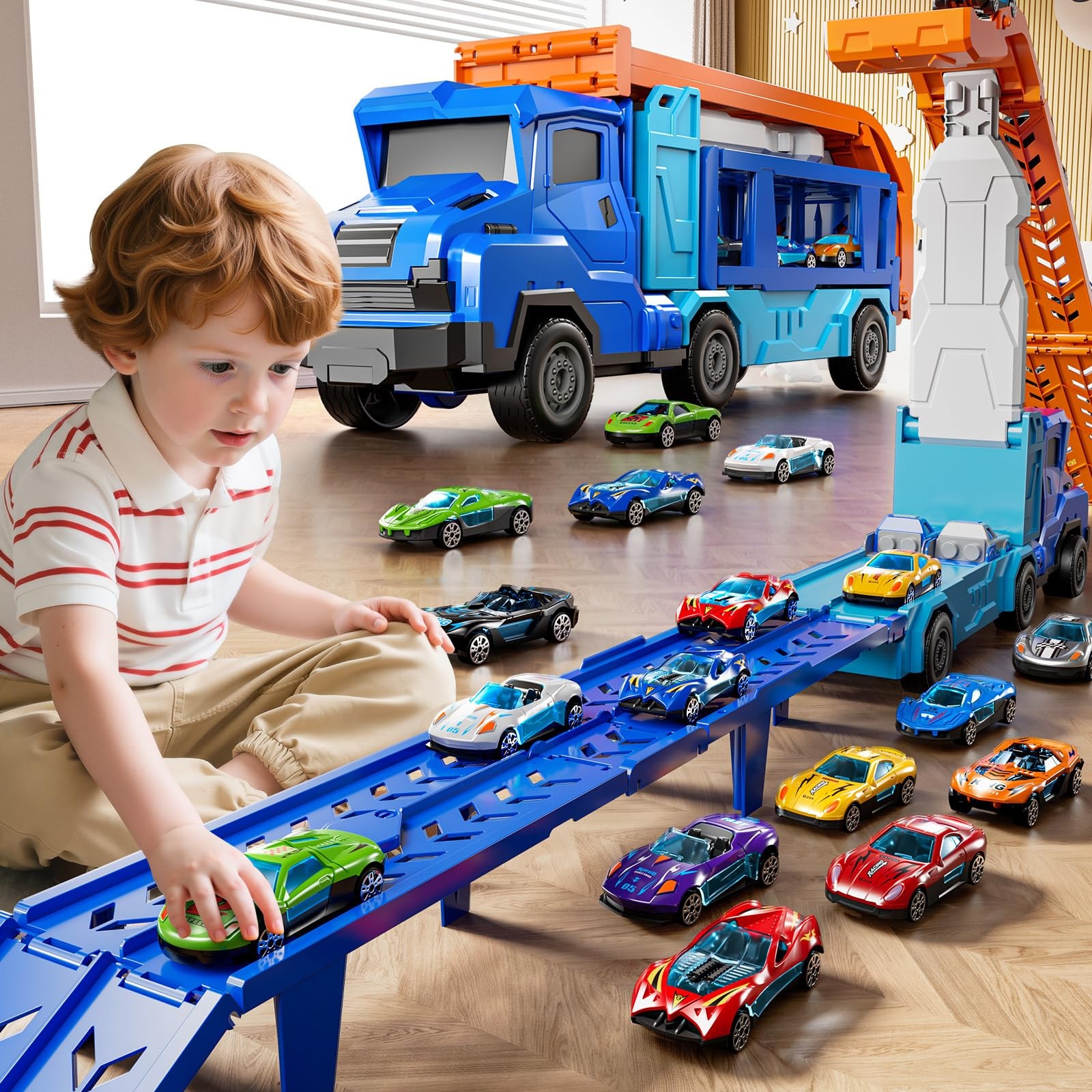 Car Truck Toys for 3 4 5 6 7 8 Years Old Boys, Transporter Truck Track Set wi…
