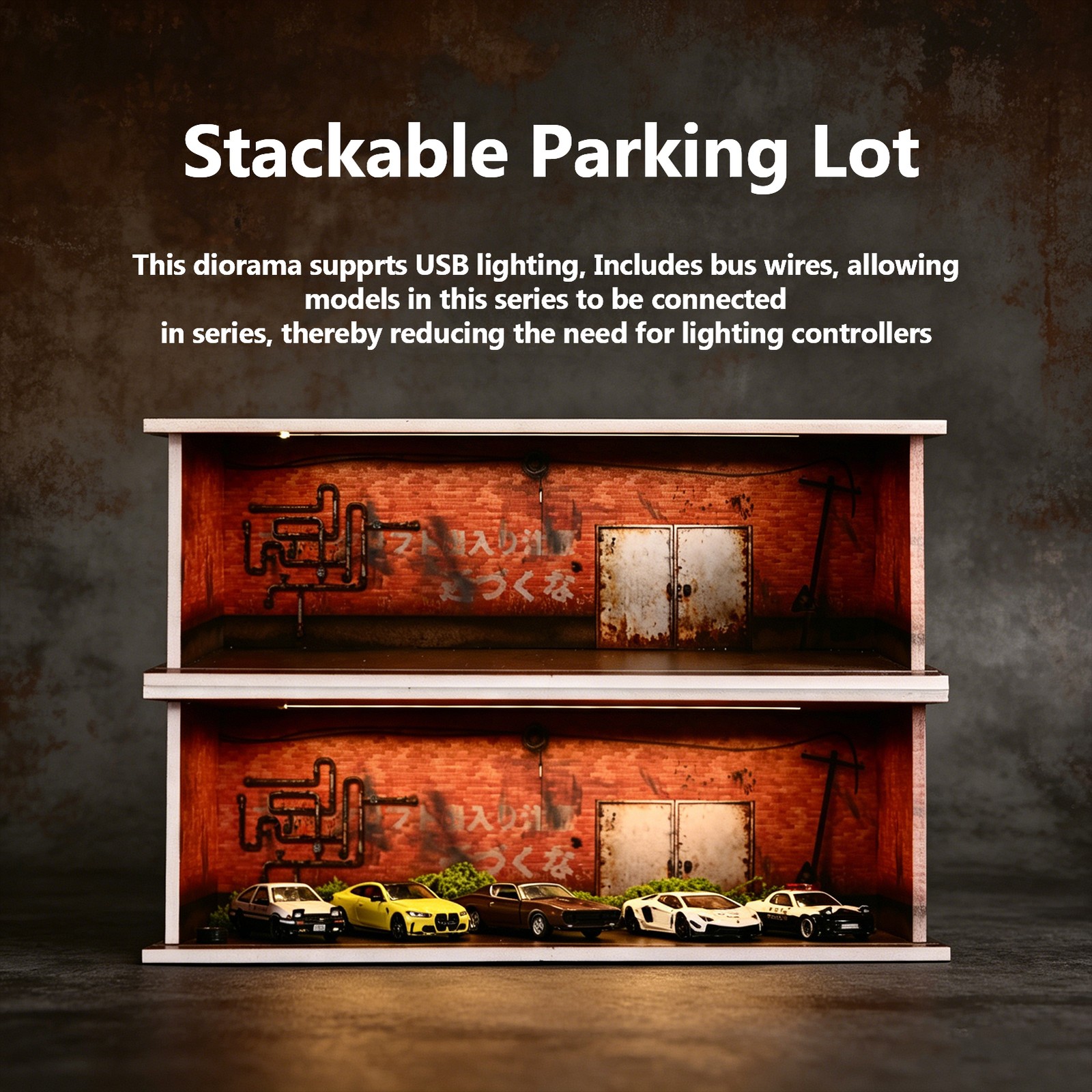 Diorama 1/64 Post-Apocalyptic Garage Model LED Parking Lot Display Case Building