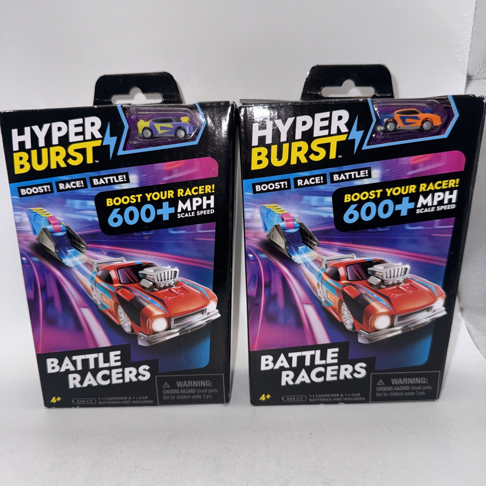 Hyper Burst Battle Racers Orange Purple Storm Car and Launcher Lot Set 2X Micro