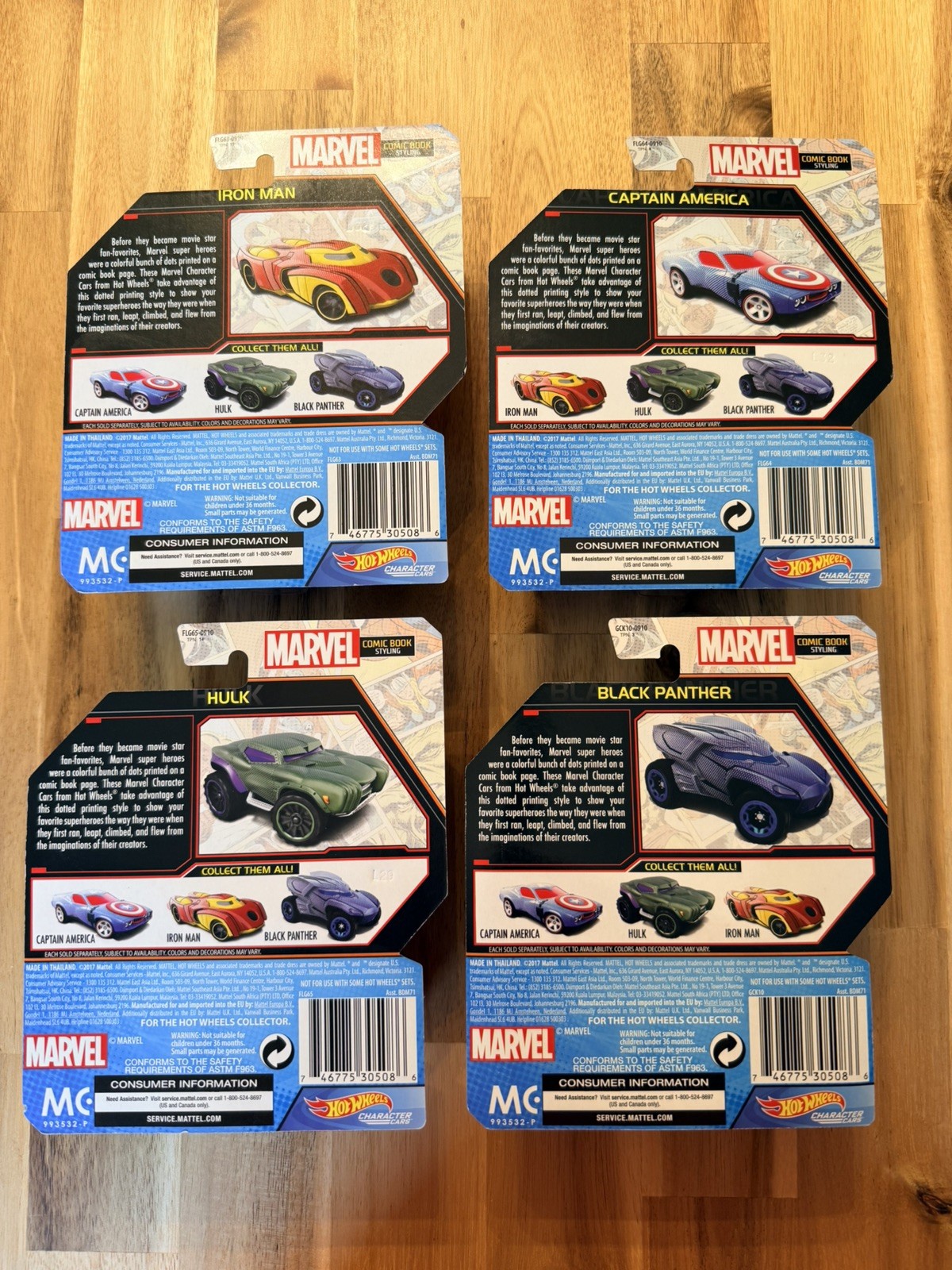 Hot Wheels Marvel Comic Book Styling Character Cars- 2017- Set of 4 – Brand New