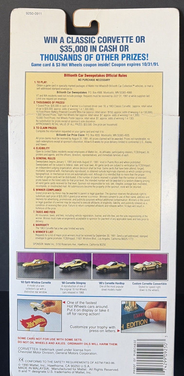 1990 Hot Wheels Billionth Car Collection CUSTOM CORVETTE CONVERTIBLE New in Box