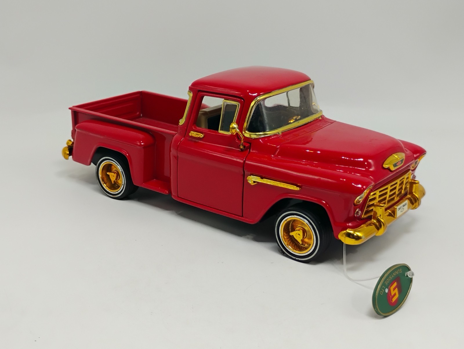 RARE Sunnyside 1:24 Scale Red 1955 Chevy Pickup Lowrider w/ Gold Dayton’s & Trim