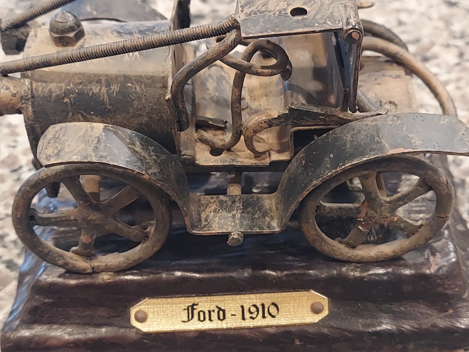 Ford 1910 Steampunk Scrap Metal Art Sculpture Wood Base