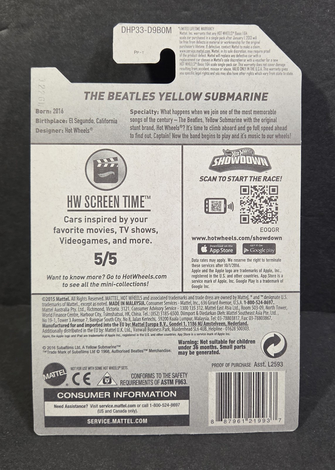 2016 Hot Wheels The Beatles Yellow Submarine HW Screen Time 5/5 (225/250)