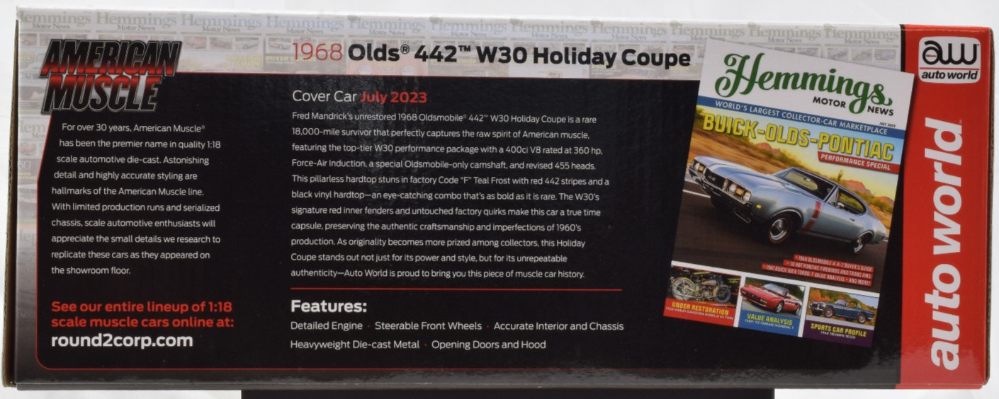 Auto World American Mus Hemmings 1968 Old 442 W30 Holiday Coupe 1:18 Car AMM1350