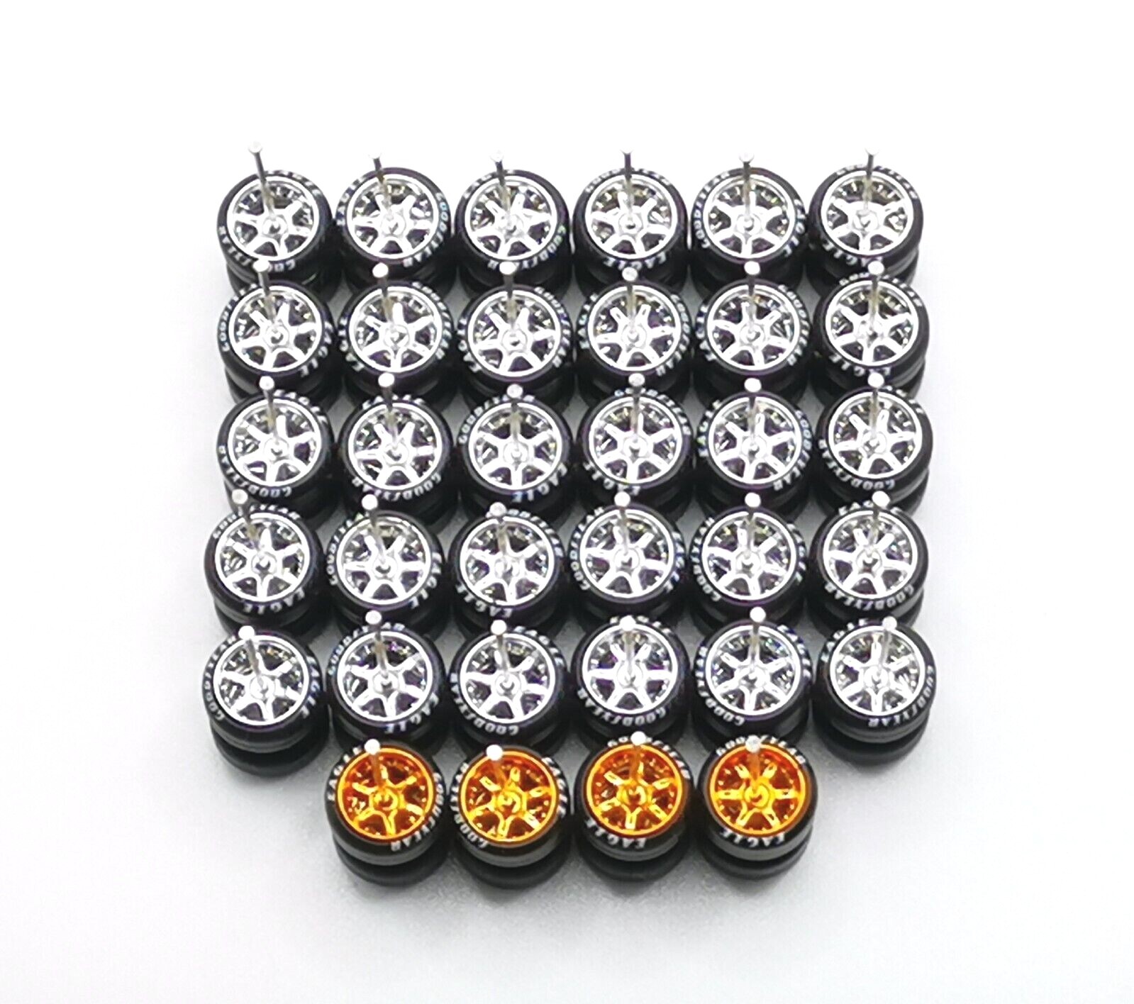 Hot Wheels Good Year 6 Spoke Rubber Tire 17 sets Chrome + Candy Bronze JDM 1:64