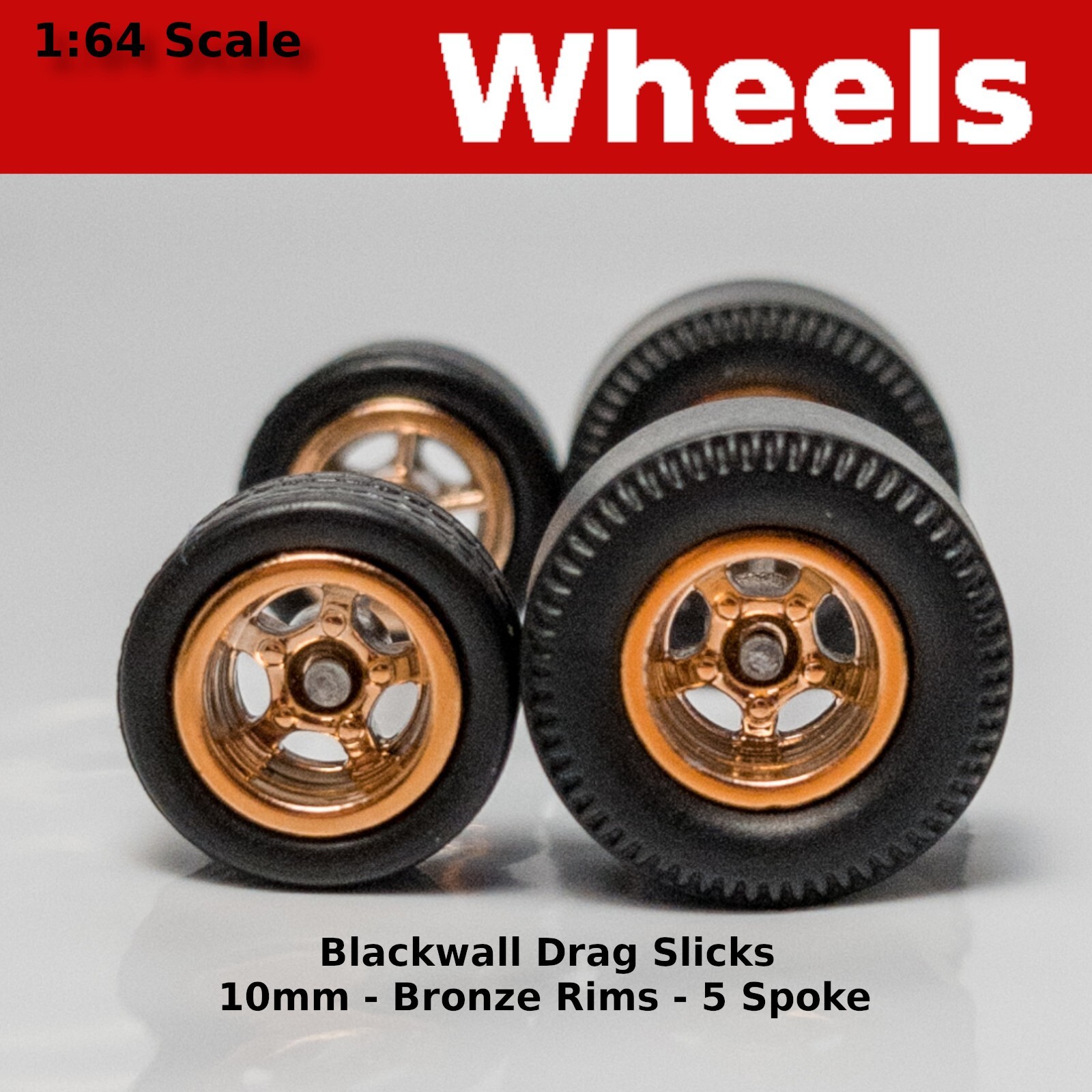 Muscle Car Long Axle – Bronze 5 spoke Drag Slicks – 10mm/12mm for Hot Wheels
