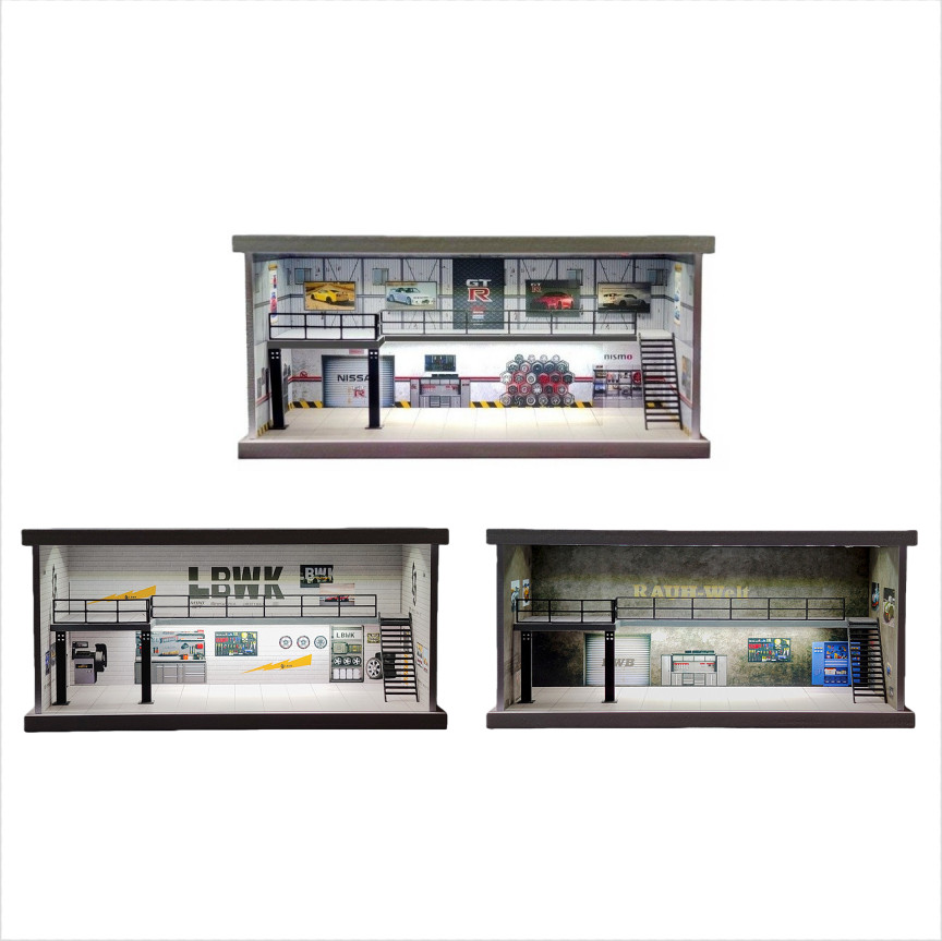 1/64 Diorama Diecast Garage Model LED Japanese Parking Lot Scene Display Case US
