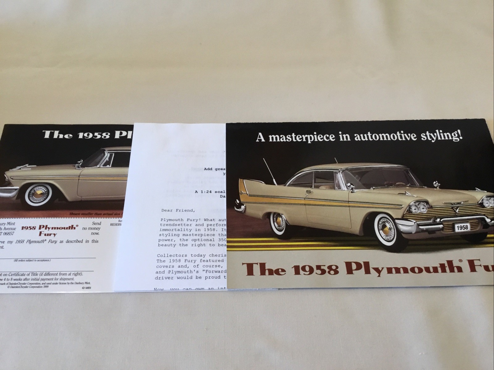 Danbury Mint 1958 Plymouth Fury Brochure Paperwork Only 1:24