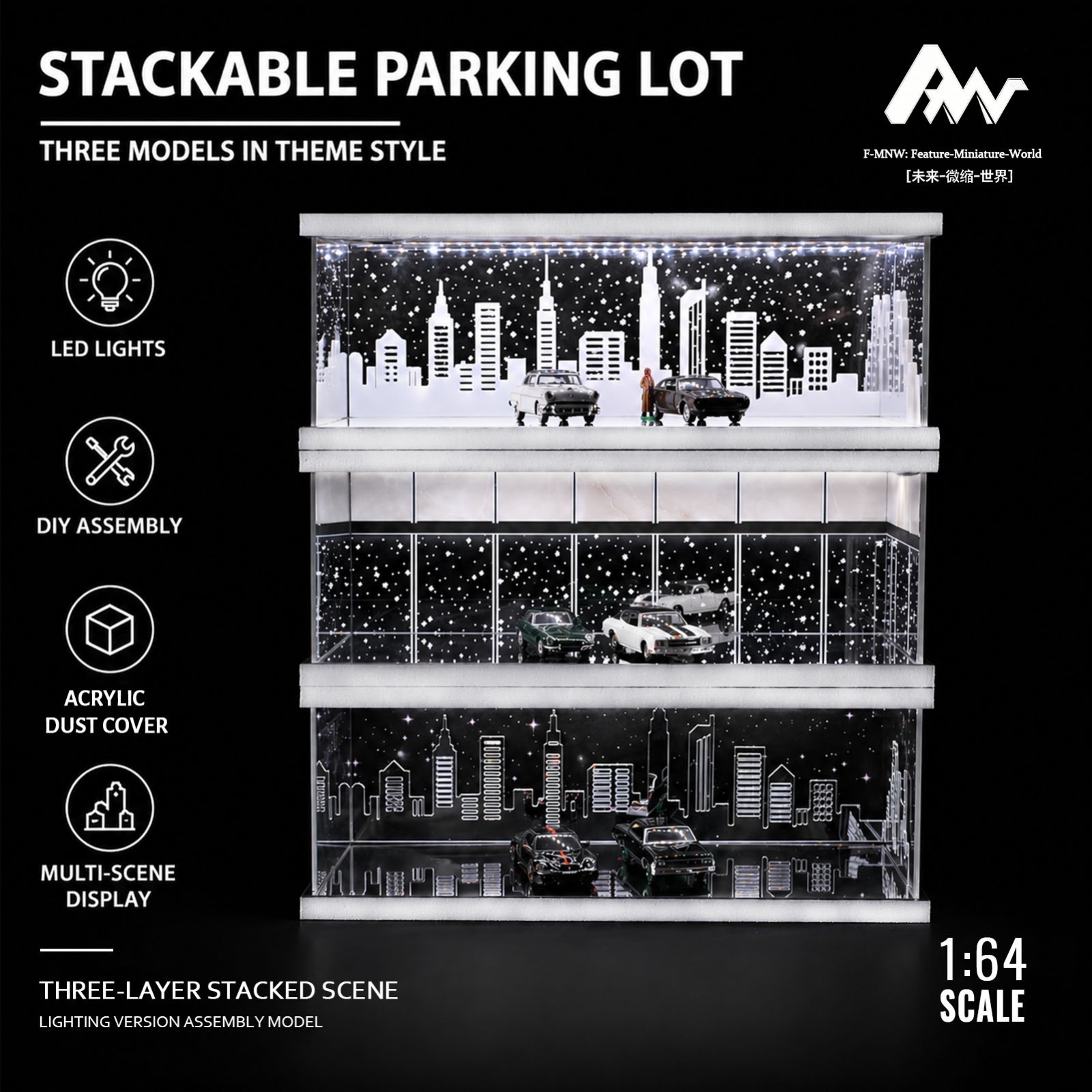 Diorama 1/64 Diecast Garage Model LED Lighting Parking Lot Display Case Scene