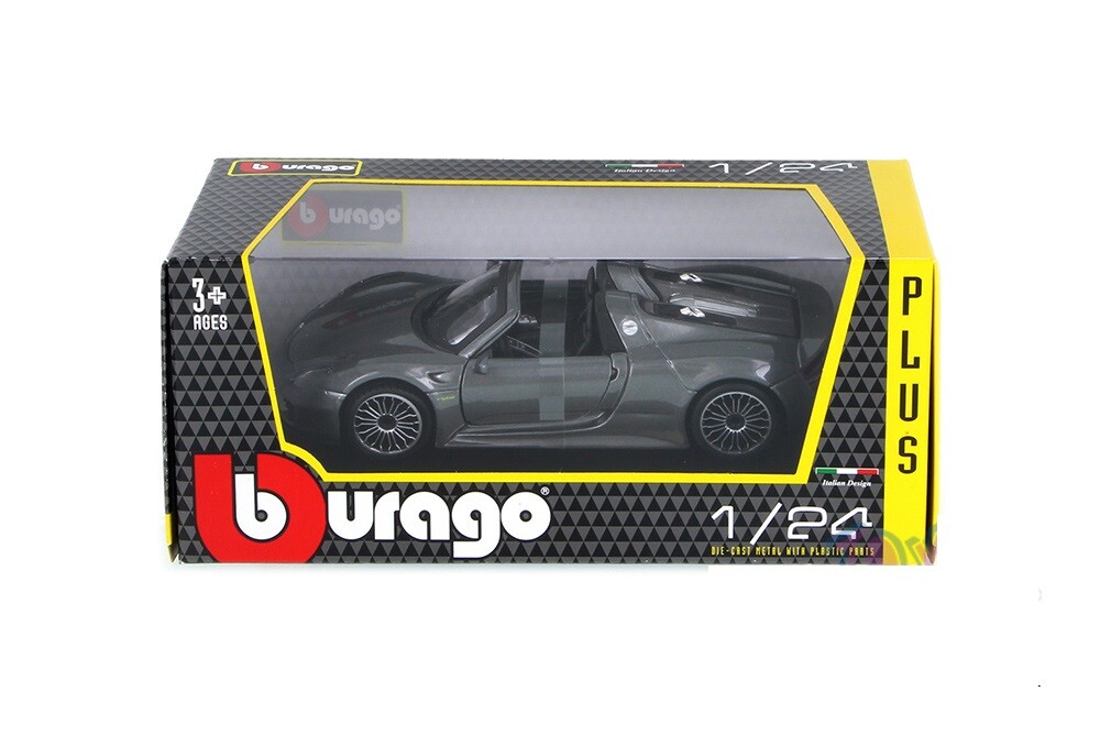 Porsche 918 Spyder Hard Top BBurago Metal 1:24, 7.25″L”, Grey/Yellow