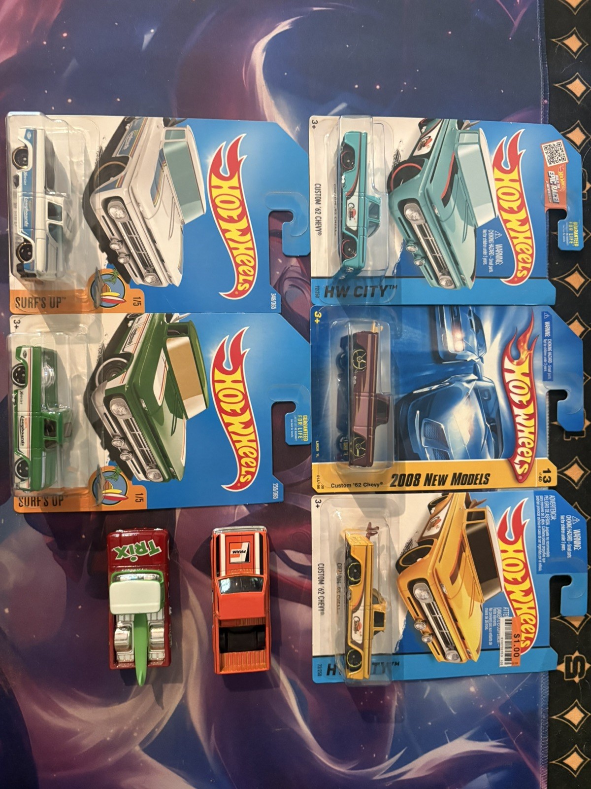 Hot Wheels Custom 62 Chevy pickup Loose and carded Lot of 7 trix/fram