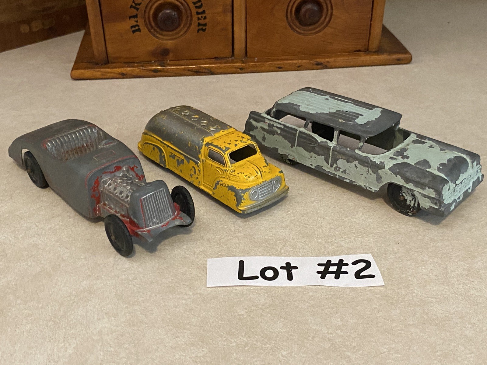 Vtg LOT of 3 -1950s TOOTSiE TOY Cars & Truck *Oil Tanker *Rat Rod *Ford Sedan #2