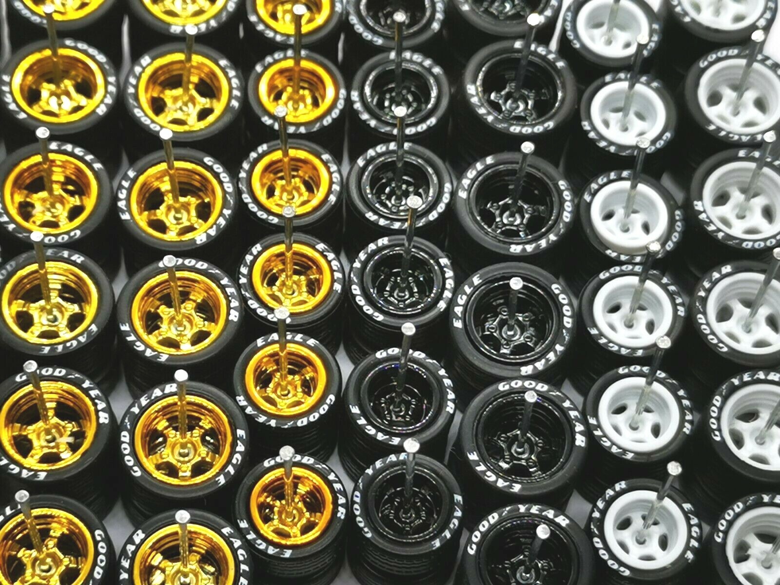 Hot Wheels Good Year Rubber Tires 24 sets 5 Spoke 12/10 mm ( Gold+Black+White