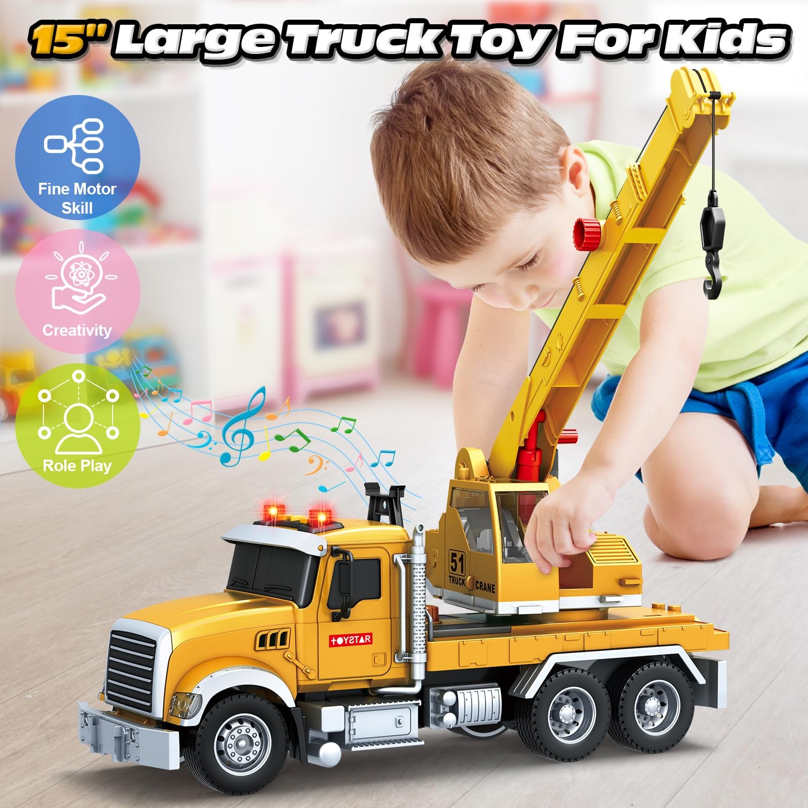 Kids Toys for 3 4 5 6 7 8 Years Old Boys, 15″ Crane Truck Toy with Lights, So…