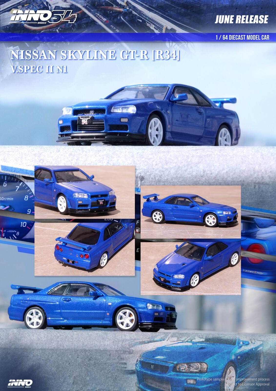 INNO64 1:64 Nissan Skyline GT-R R34 V-Spec II Nur Bayside Blue Diecast Model car