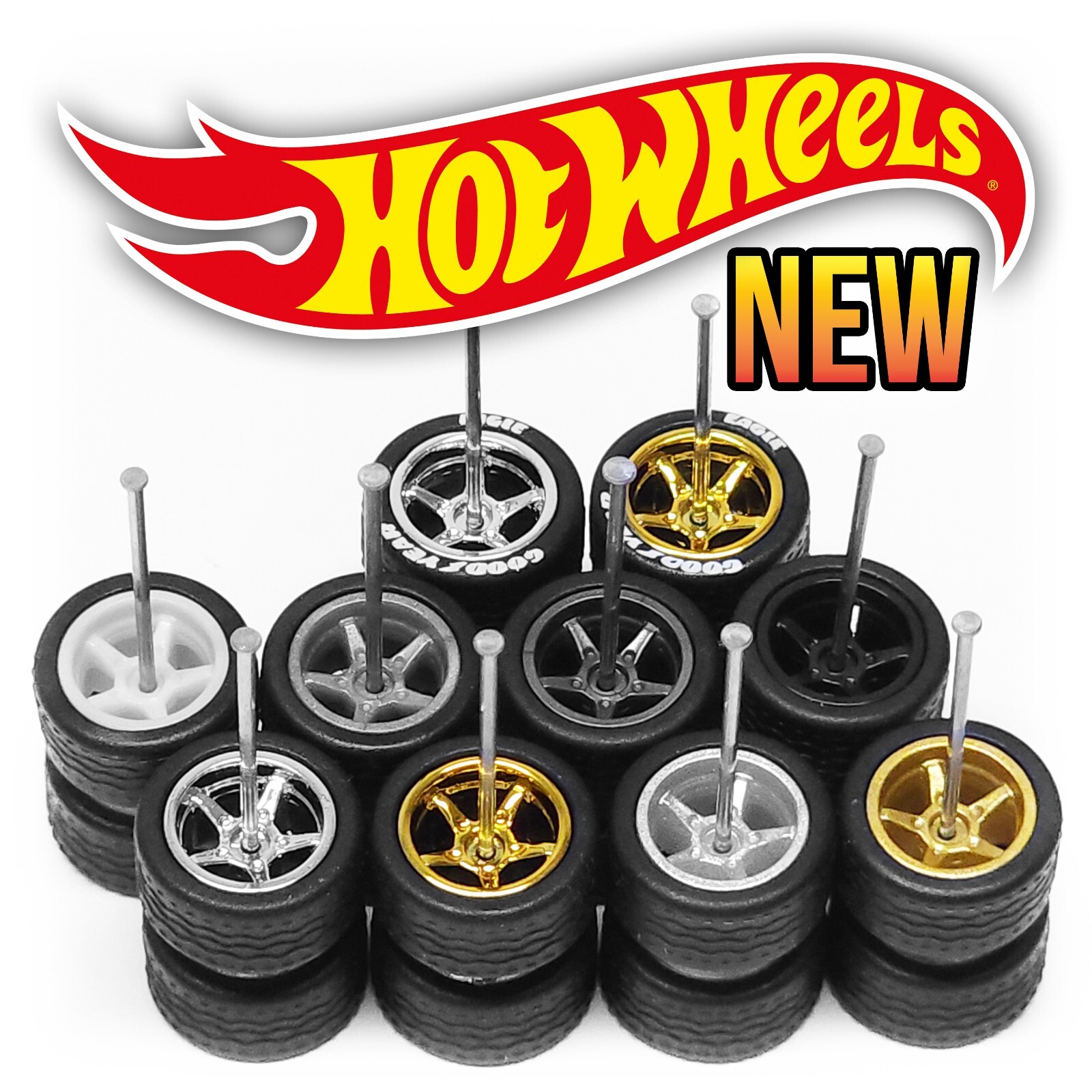 1/64 Scale 5 SPOKE v6 Real Rider Wheels Rims Tires Set for Custom Hot Wheel