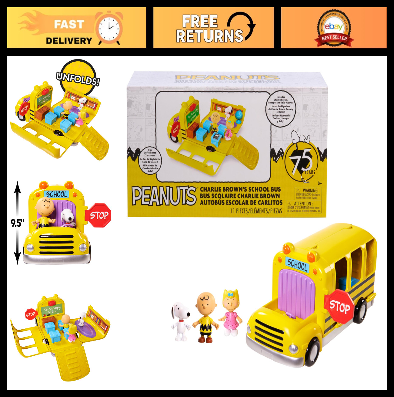 Interactive School Bus Toy Set – 11-Piece Charlie Brown, Snoopy & Sally Figures