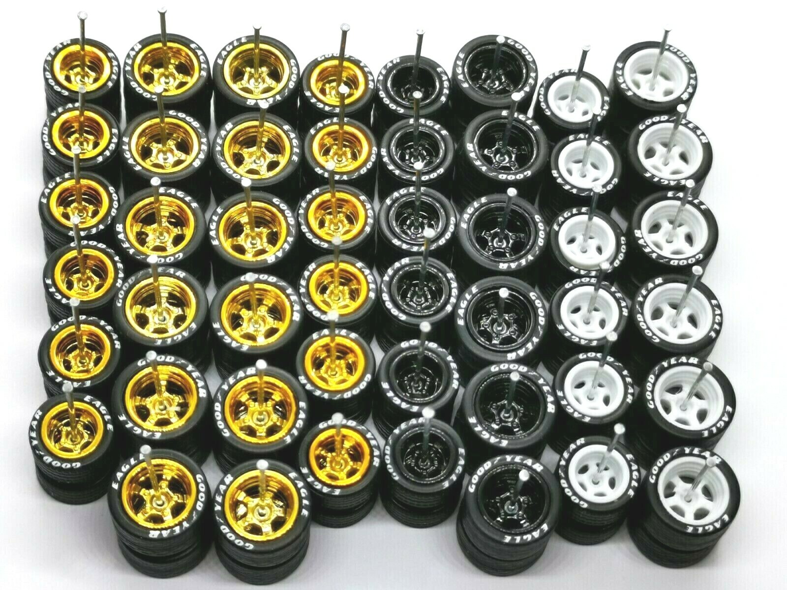 Hot Wheels Good Year Rubber Tires 24 sets 5 Spoke 12/10 mm ( Gold+Black+White