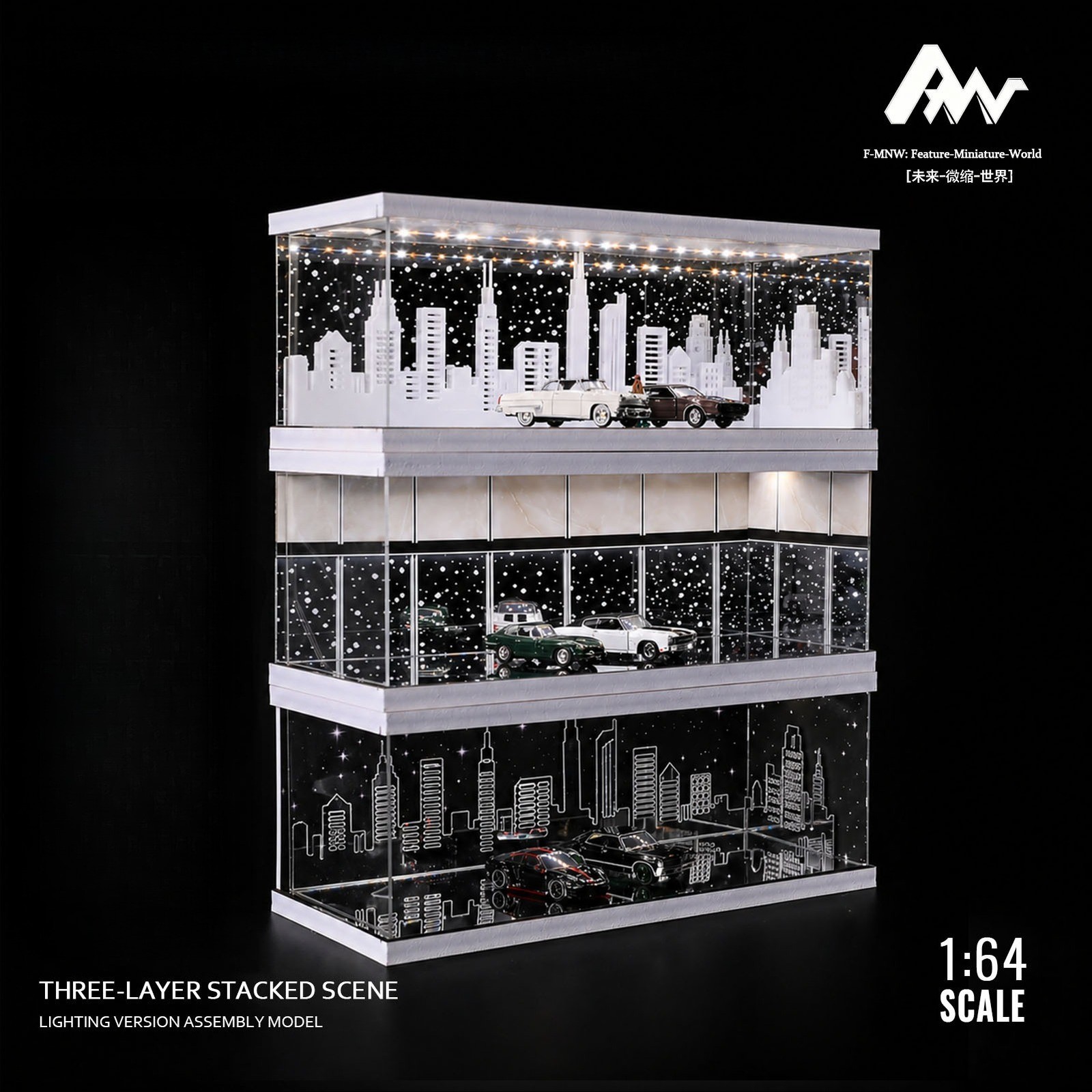 1/64 Diorama Mirror Garage Model 3-Color LED Parking Lot Display Case Building