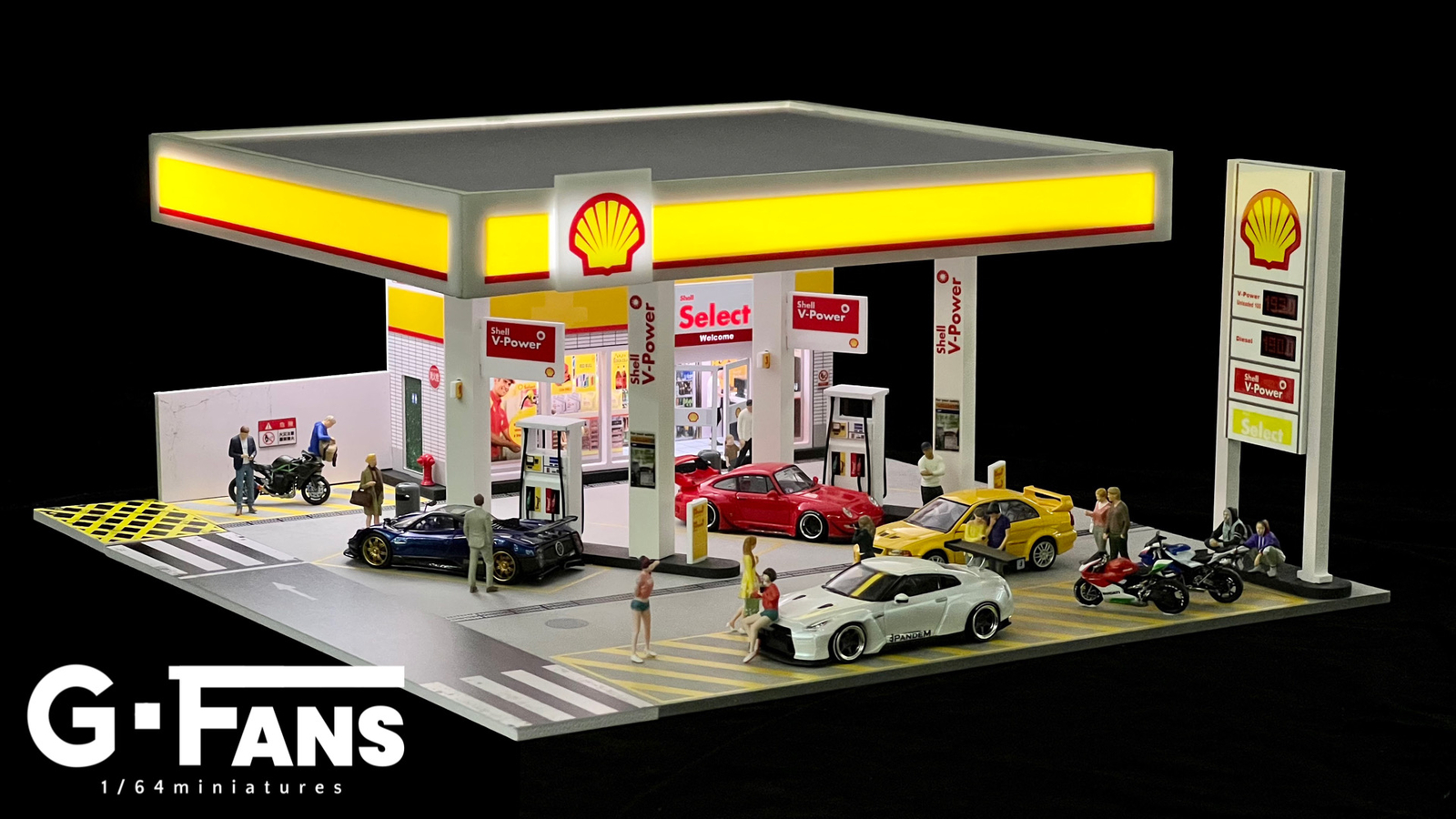 1/64 Diorama Car Garage Model LED Lighting Gas Stations Parking Lot Scene Model