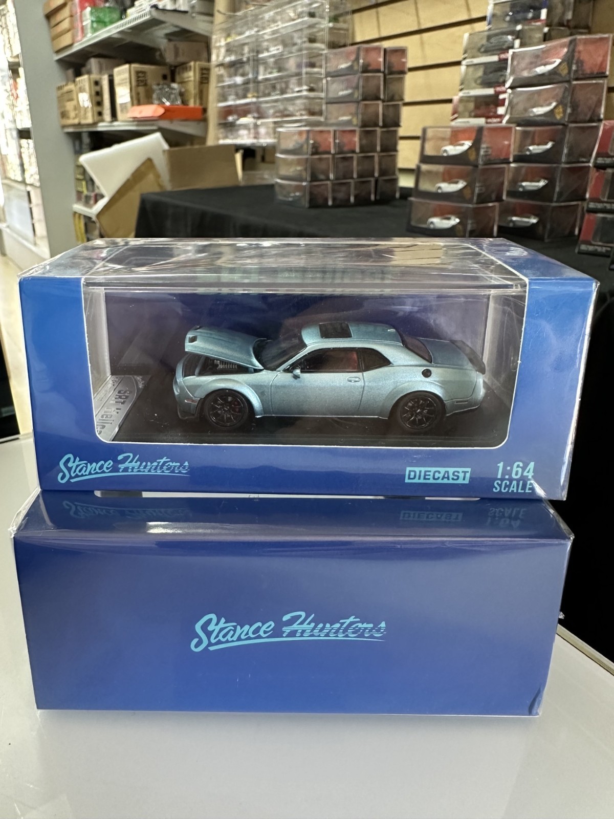 DODGE CHALLENGER SRT HELLCAT HOOD OPENS ICE BLUE 1/64 CAR BY STANCE HUNTERS SH