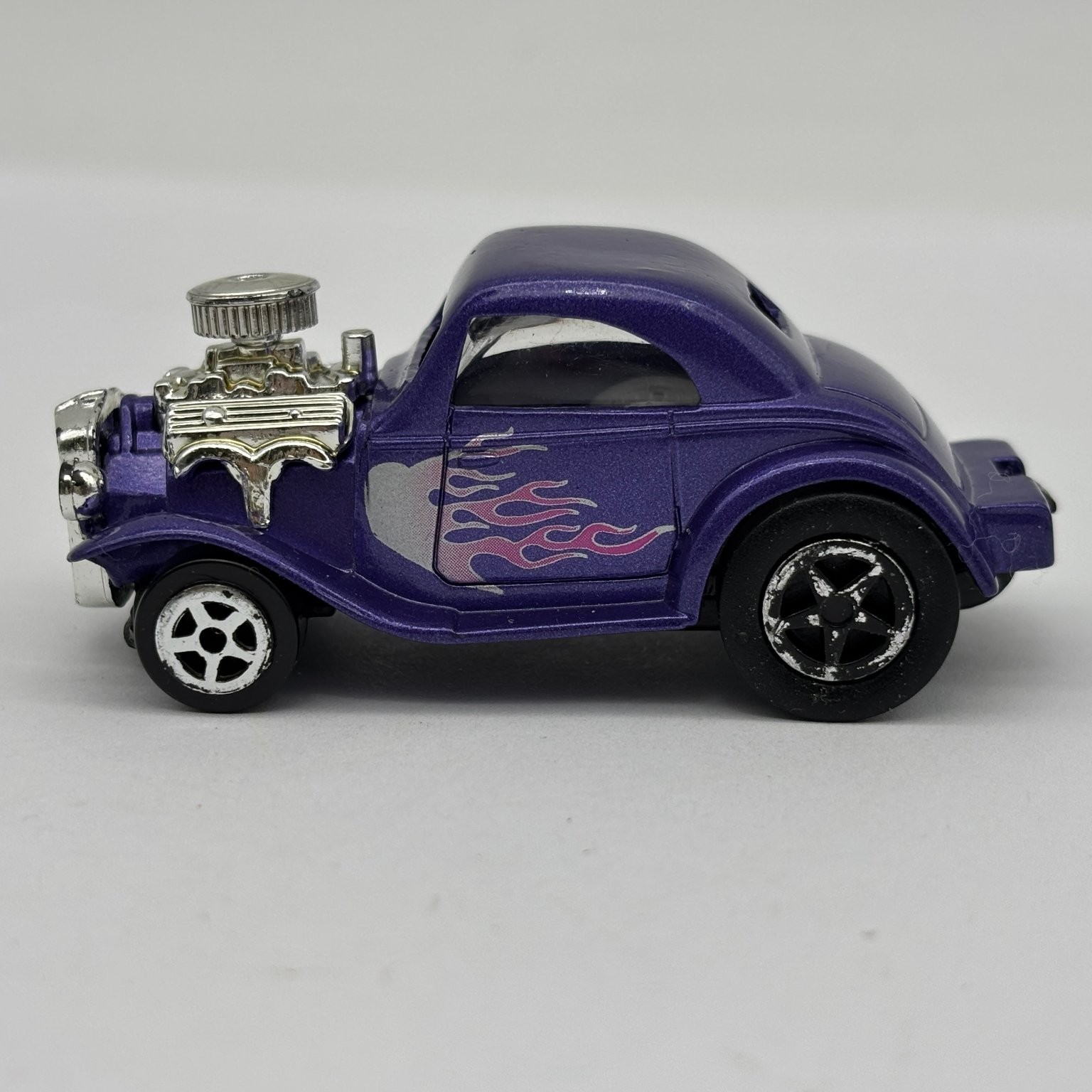 1930s Ford Coupe Hot Rod Diecast Car Purple Flames Exposed Engine Custom