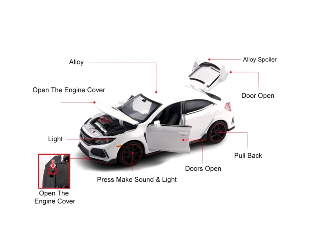 HONDA CIVIC TYPE R NEW 6 INCH DIECAST CAR MODEL SOUND & LIGHT HTF VEHICLE GIFT