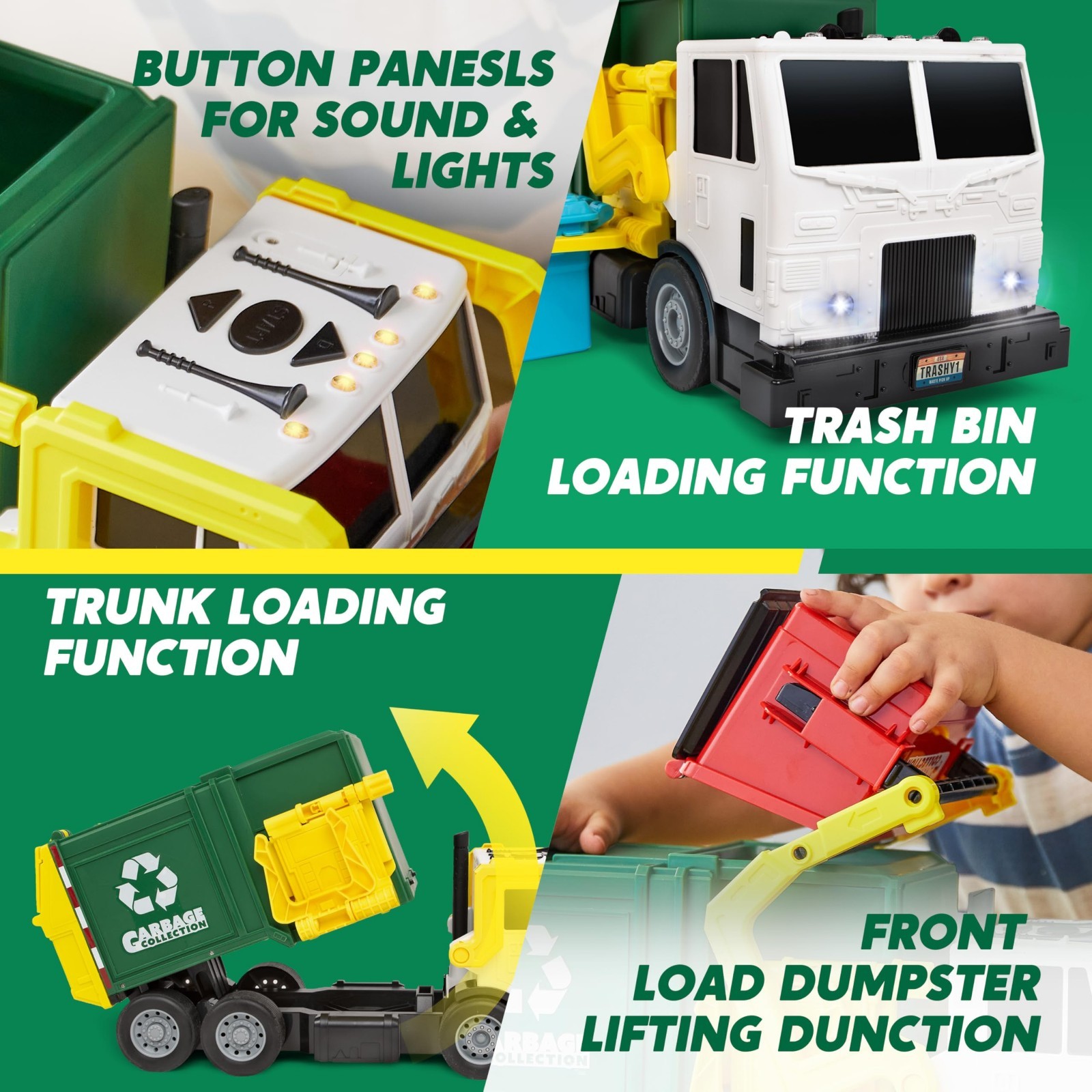 Large Friction Powered Garbage Truck Toy Set with Dumpster & Trash Bins – Kids G