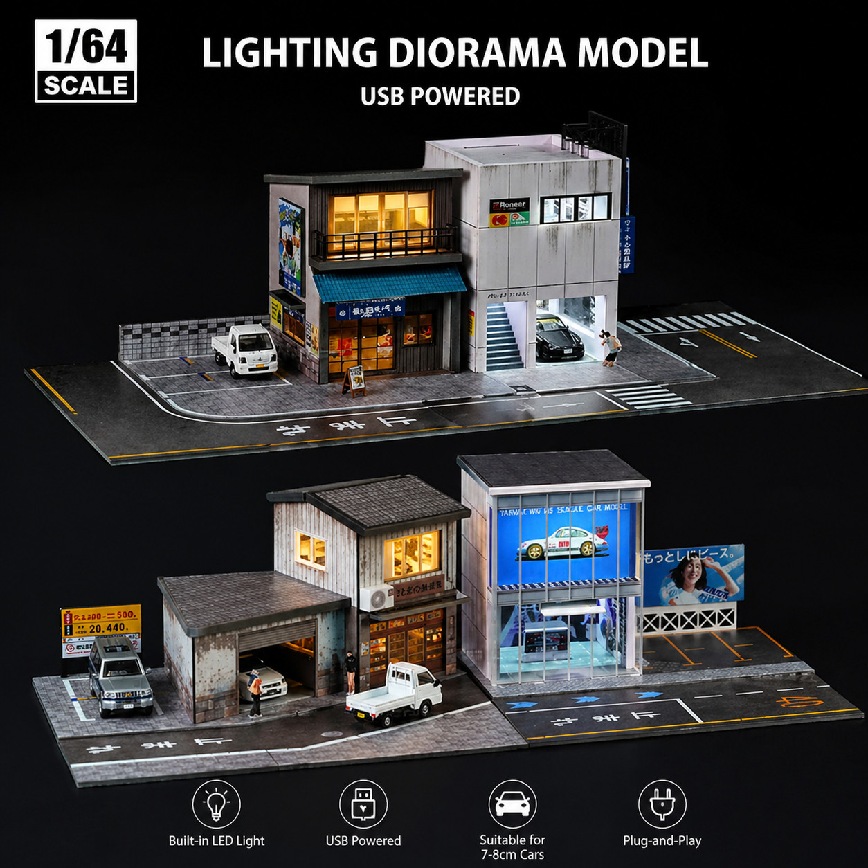 1/64 Diorama Garage Model With LED Parking Lot Display Case For Hot Wheels US