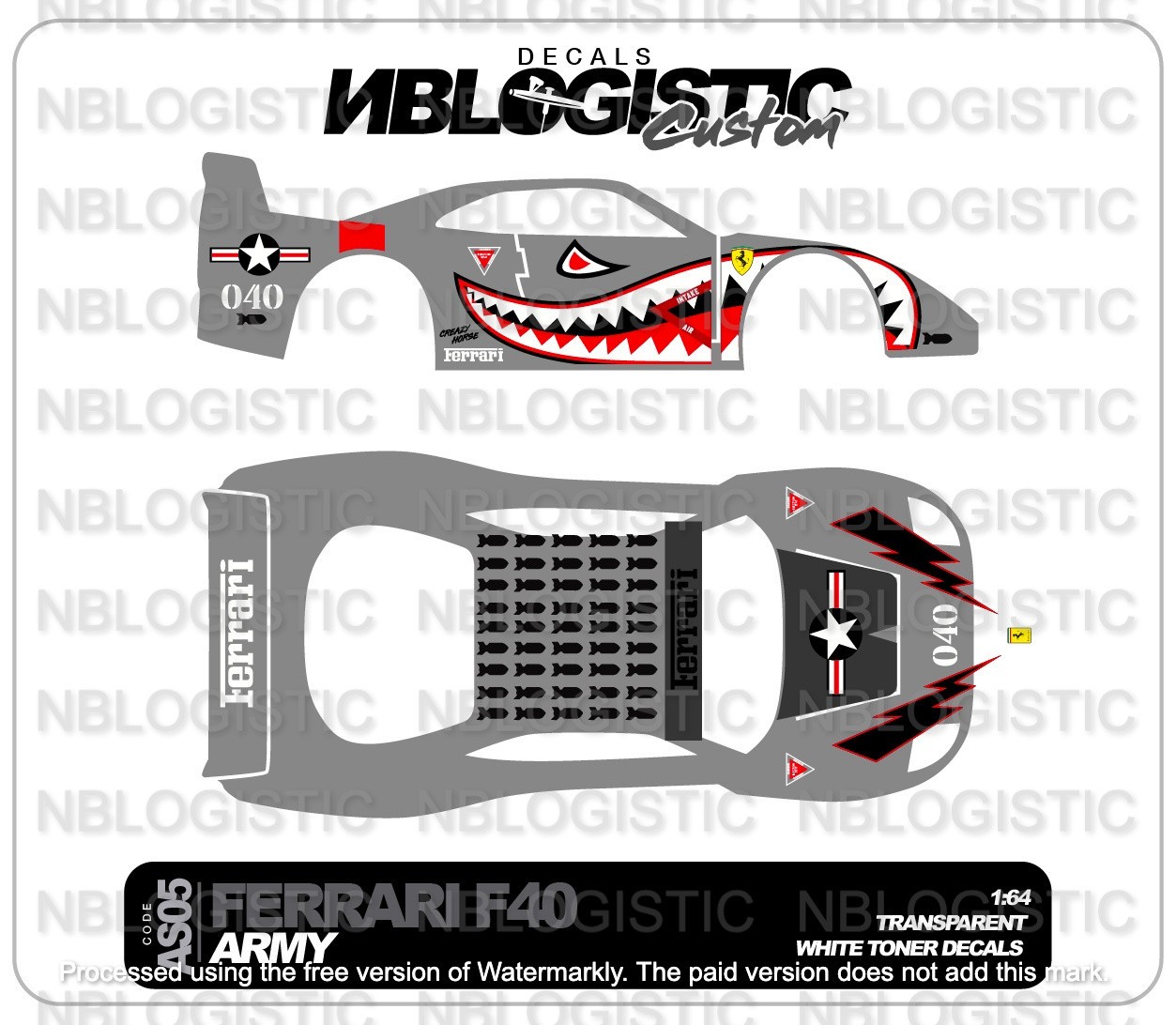 Ferrari F40 Competizione Custom WaterSlide Decal for hot wheels 1/64 a1