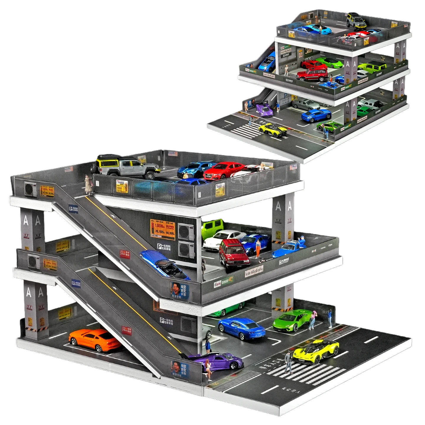 1/64 Diorama Diecast Car Garage Model LED 3-Layer Parking Lots Building Scene US