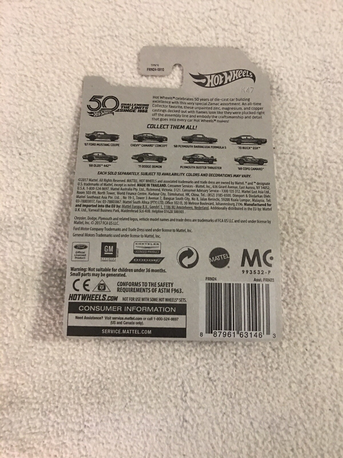 2018 Hot Wheels 50 Years ZAMAC Series ’67 Ford Mustang Coupe 1/8 new on card B3
