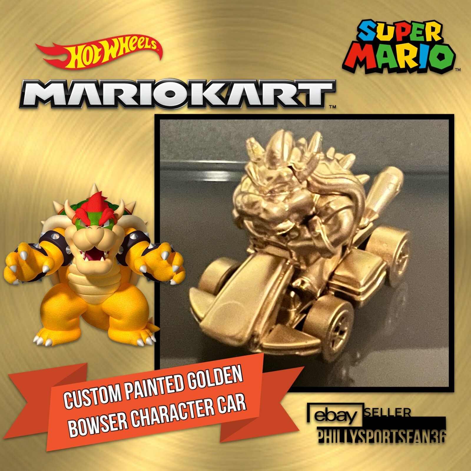BOWSER STANDARD KART Hot Wheels Mario Kart 2022 TOTY Mattel Custom GOLD PAINTED