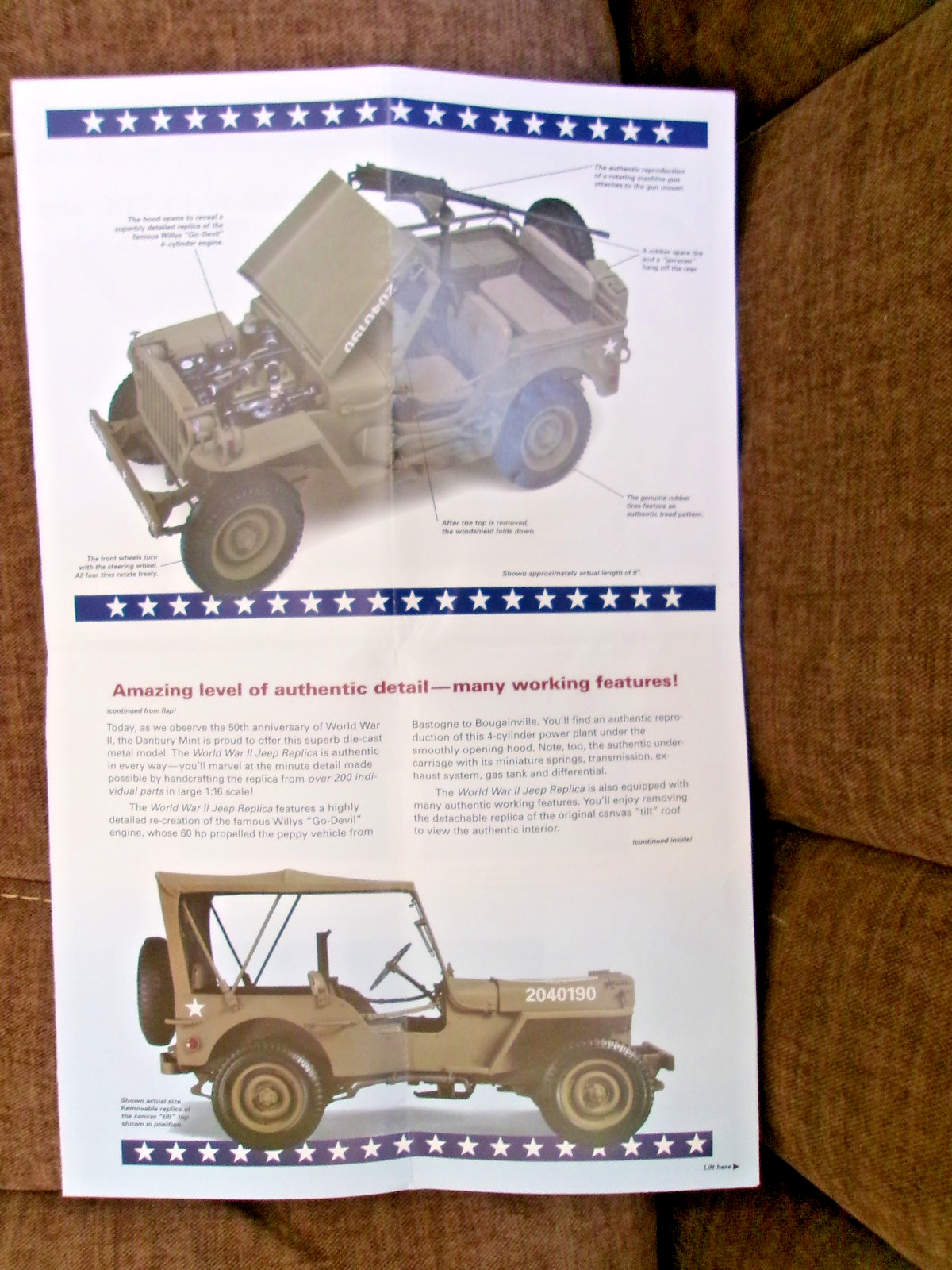 Danbury Mint World War II Jeep Replica 1/16, Gun, Box, Roof, & All Paperwork!