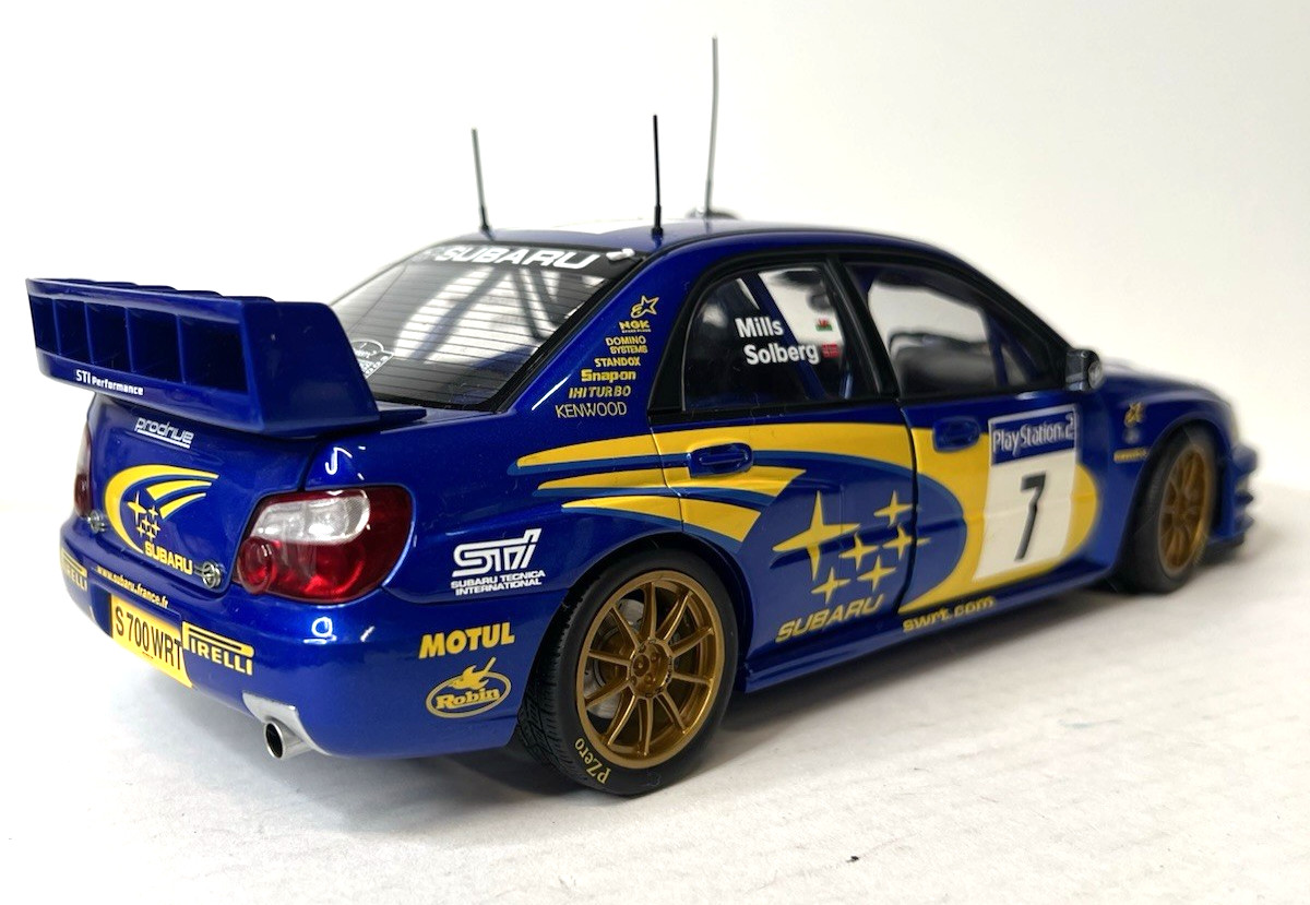 AutoArt Subaru Impreza WRX 1/18 Diecast Rally Car #7 Solberg Mills Case Display