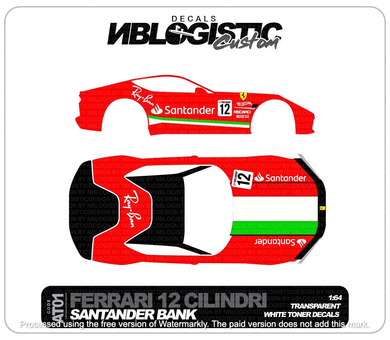 FERRARI 12CILINDRI Custom WaterSlide Decal for hot wheels 1/64 a1