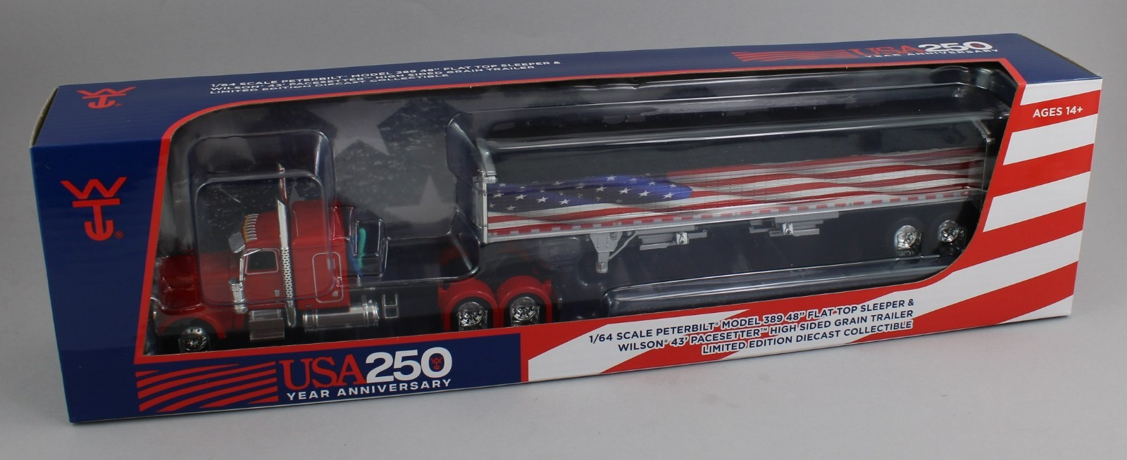 DCP 1:64 *RED AMERICA 250* Peterbilt 389 48″ Flattop w/Wilson Grain Trailer NIB