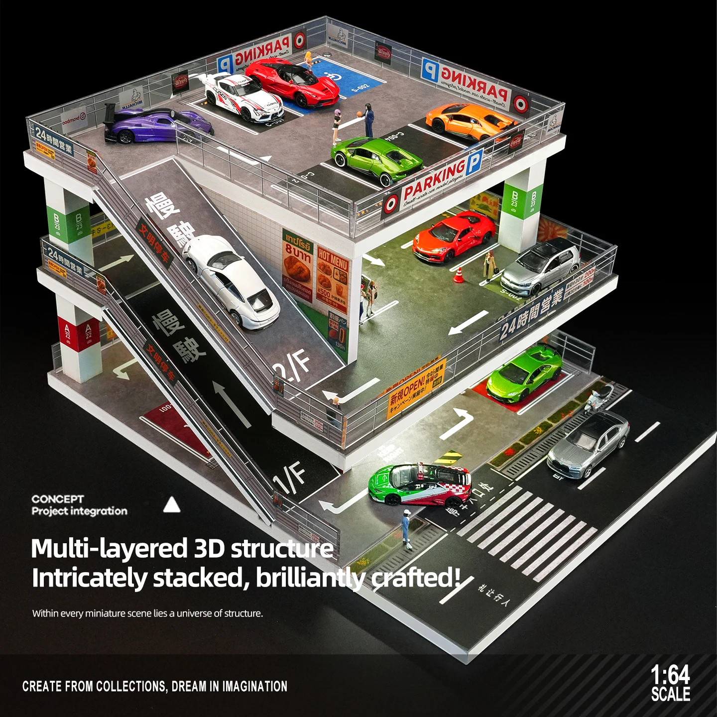 1/64 Diorama Diecast Car Garage Model LED 3-Layer Parking Lots Building Scene US