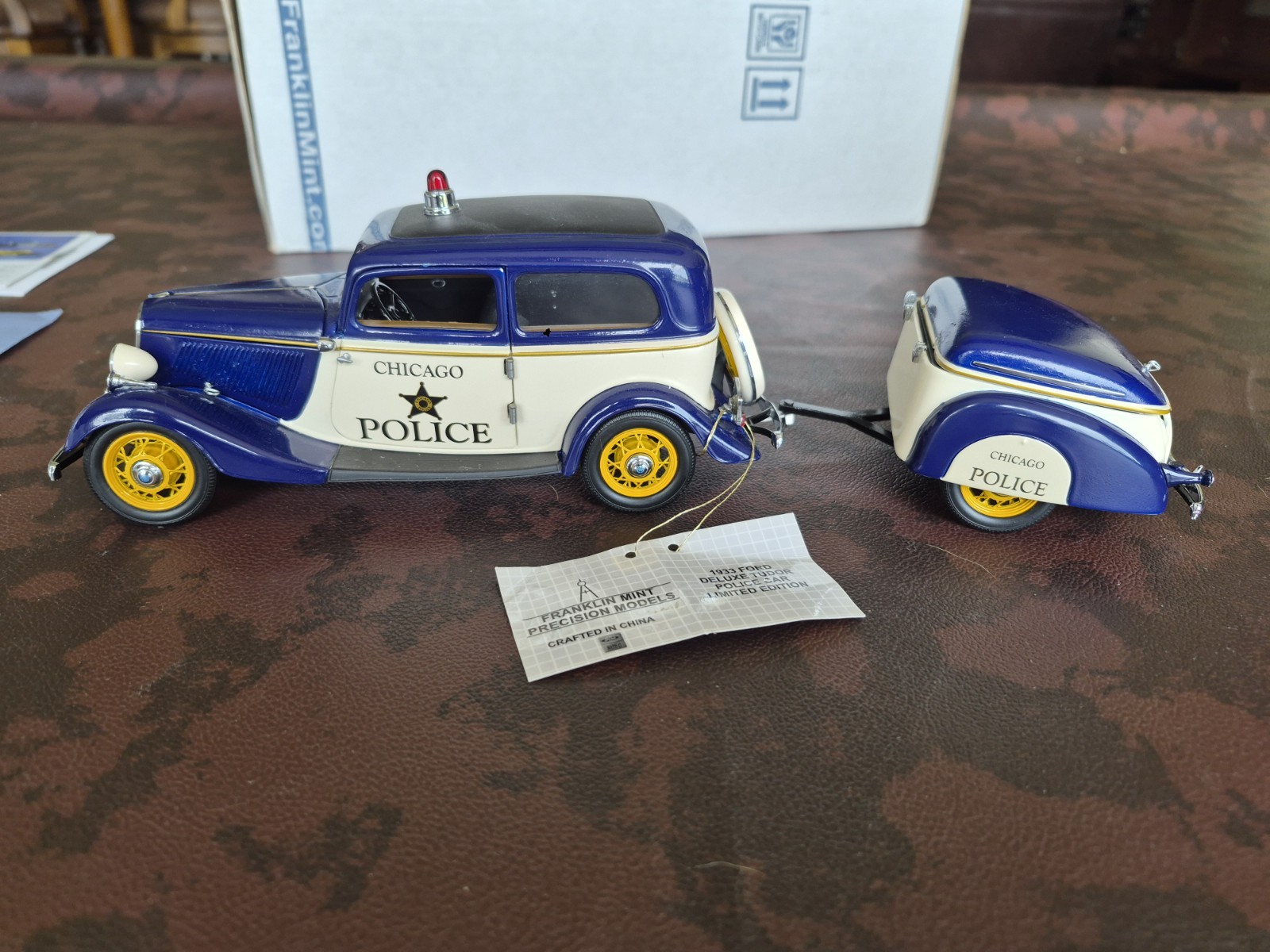 Franklin Mint 1933 Ford Tudor Police Car with Trailer & Paperwork Read Descrip.