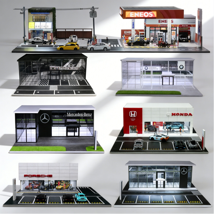 US Diorama 1/64 Diecast Garage Model LED Parking Lot Scene Display Case Building