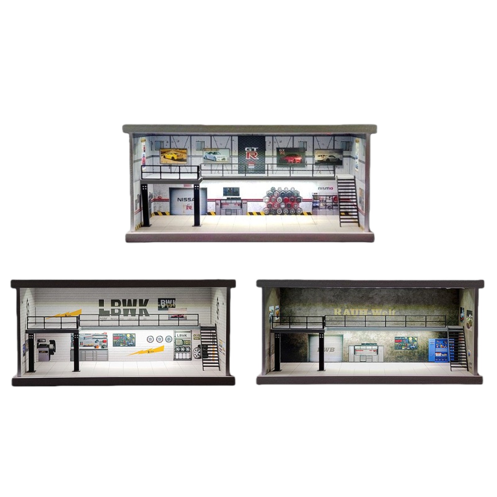 Diorama 1/64 Car Garage Model LED Street Repair Workshop Buildings Scene Gift US