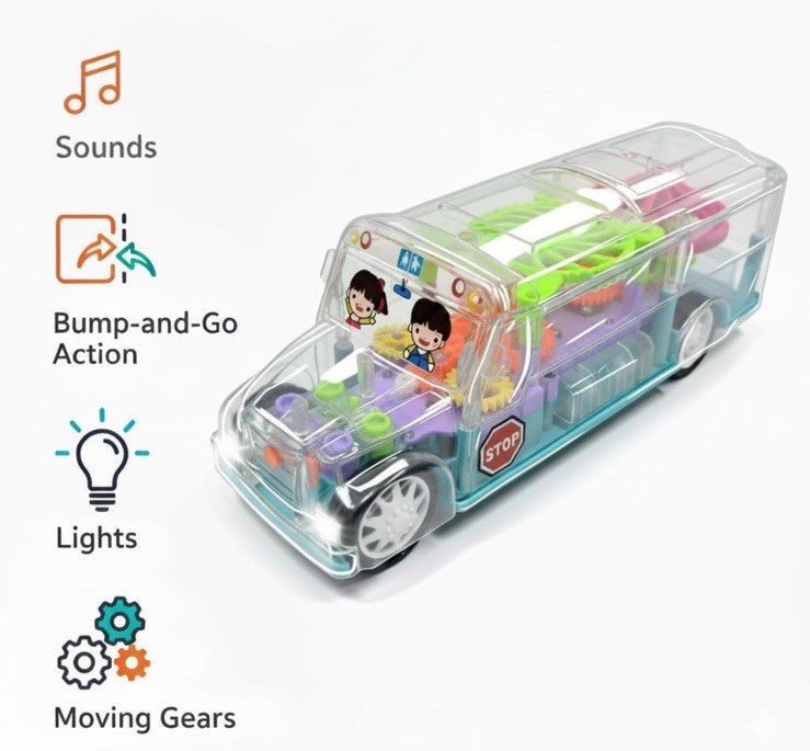 Light Up Transparent School Bus Toy for Kids & Toddlers – Musical, Flashing L…