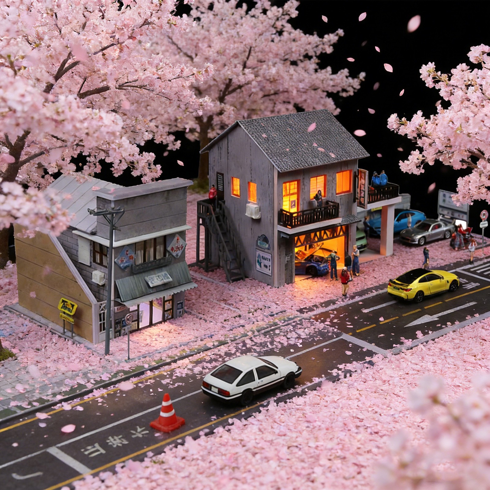 LED Lighted Diorama 1/64 Scale Car Garage Model Street Japanese Building Display