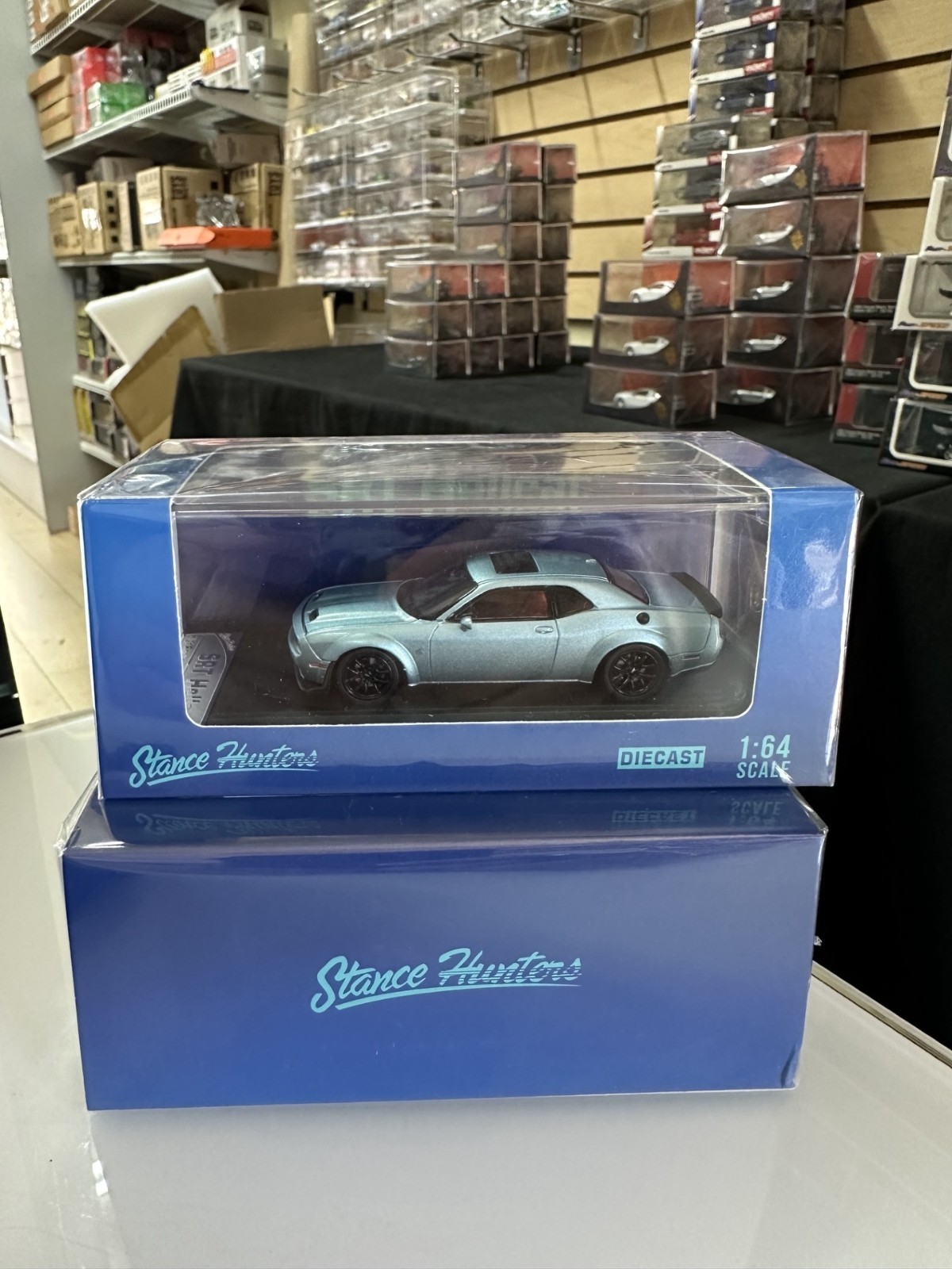 DODGE CHALLENGER SRT HELLCAT HOOD OPENS ICE BLUE 1/64 CAR BY STANCE HUNTERS SH